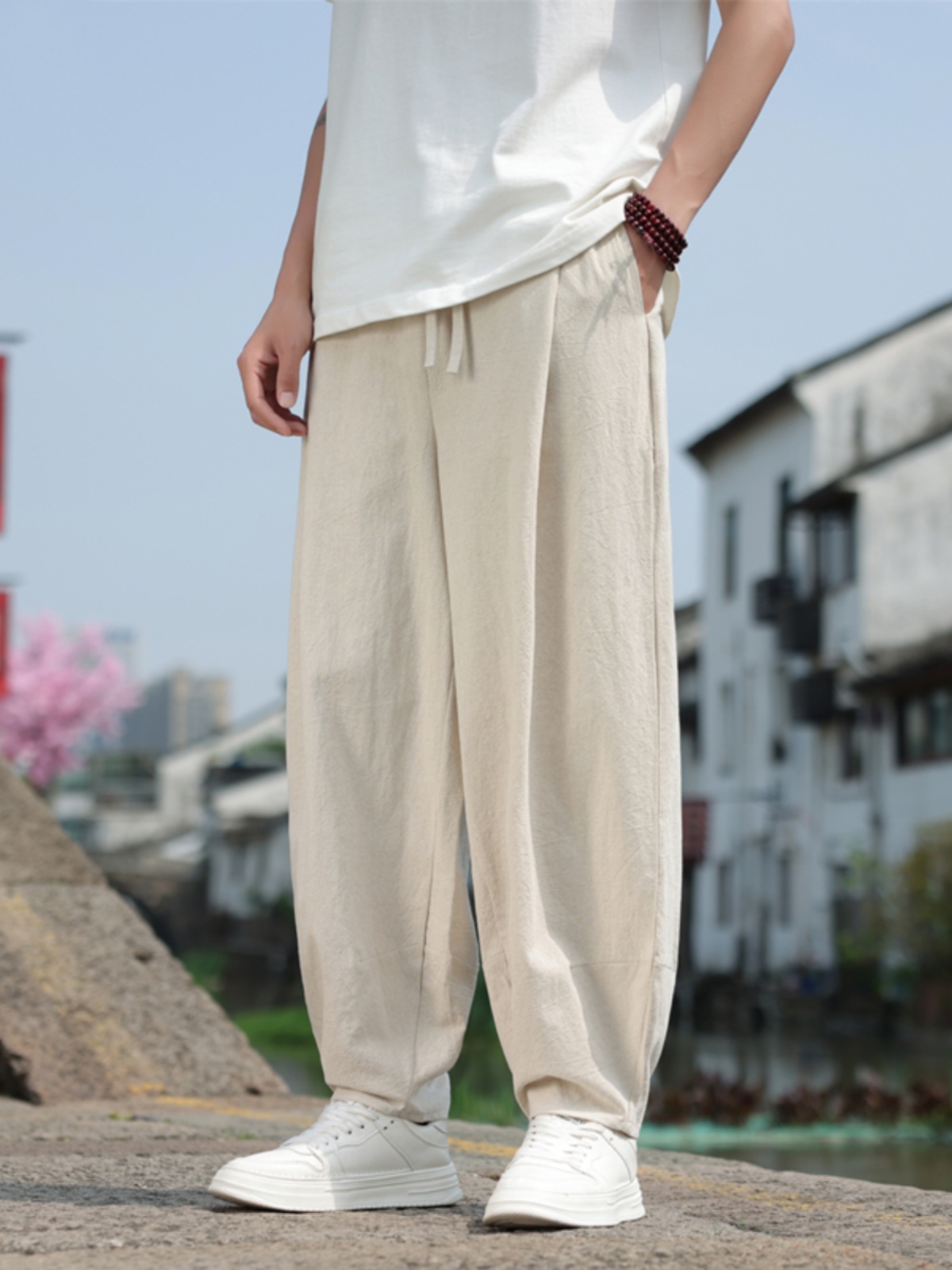 Linen Pant Wide - Pantaloni Casual da Uomo in Cotone